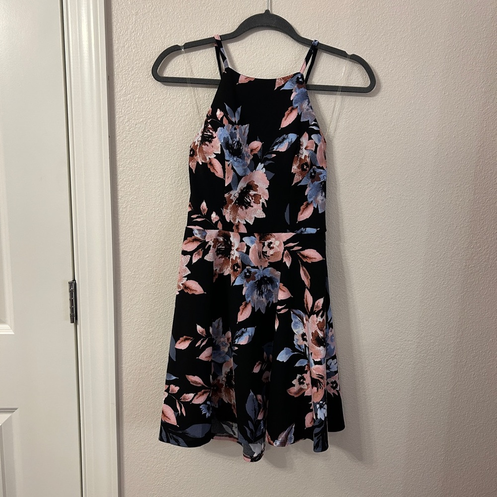 Black halter dress with blue and pink flowers